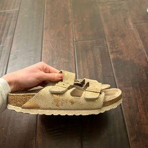 Tan and Rose Gold Birkenstocks